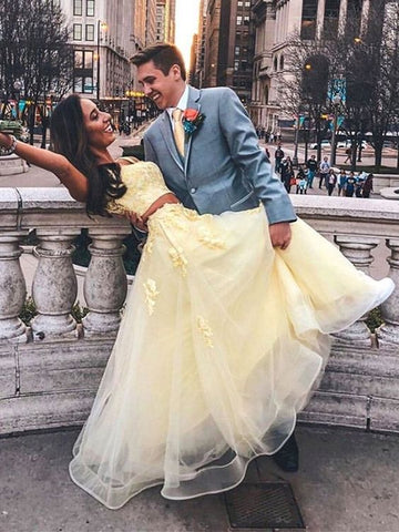 Yellow Two Pieces Lace Long Prom Dresses, Two Pieces Yellow Formal Dresses, Yellow Lace Evening Dresses HZ1023